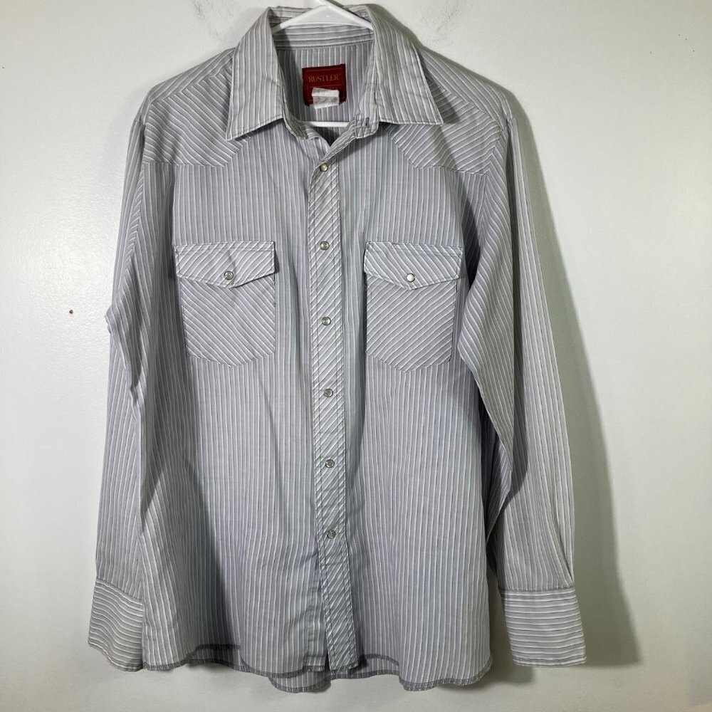Mens Vintage Rustler Long Sleeve Western Pearl Snap Shirt Stripes Gray‎ White L
